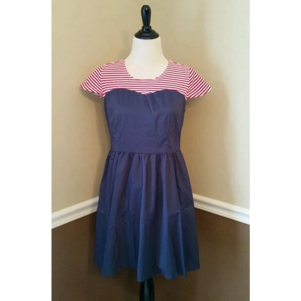 Red White & Blue Striped Top Cap Sleeve Fit & Flare Dress Nautical Size Small